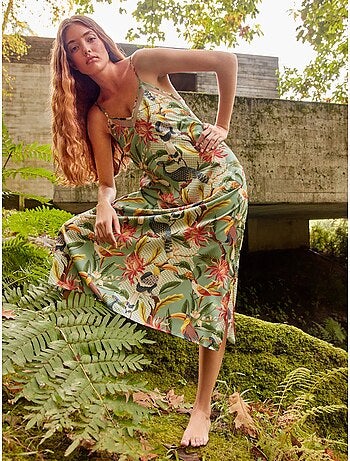 Nuisette midi en satin avec imprimé tropical exotique