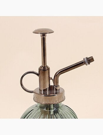 Objet déco vaporisateur en verre 16,5cm pompe aspect métal