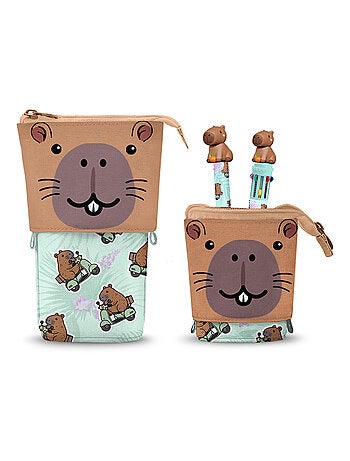 Oh My Pop Capybara Trousse Cute + Stylo 10 Couleurs + Stylo Gel Effaçable, Multicolore