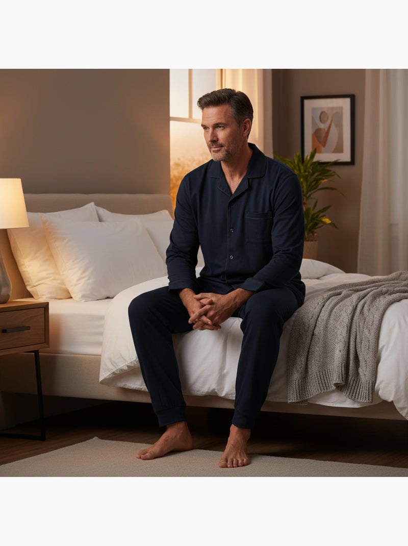 OLIVER GRANT PARIS Pyjama Long Homme Entièrement Boutonné 100% Coton Bleu marine - Kiabi