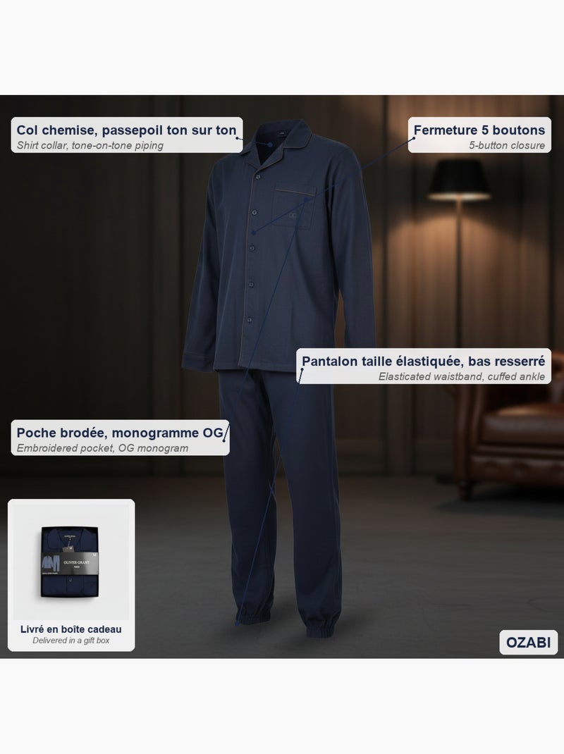 OLIVER GRANT PARIS Pyjama Long Homme Entièrement Boutonné 100% Coton Bleu marine - Kiabi
