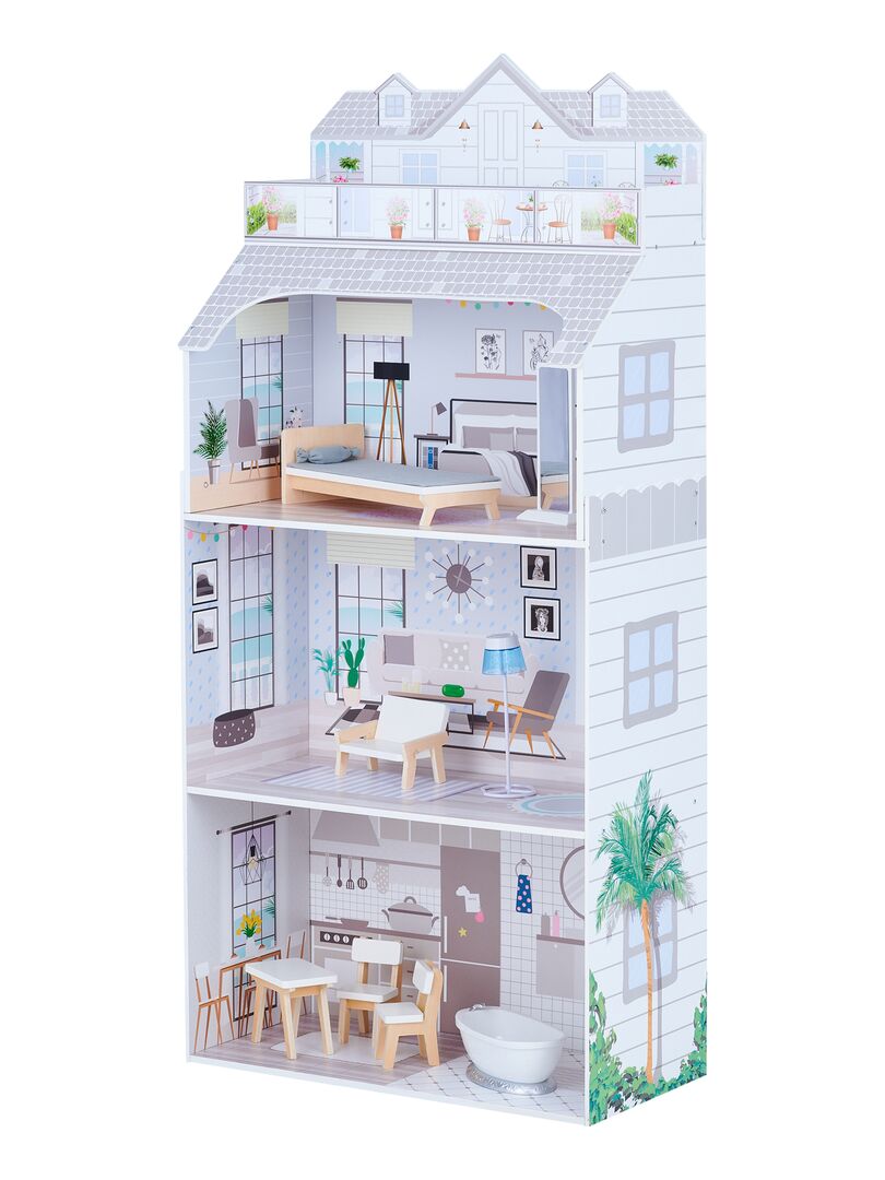Olivia's Little World Maison de poupée fille enfant en bois grise 3 étages accessoires  meubles - N/A - Kiabi - 109.99€