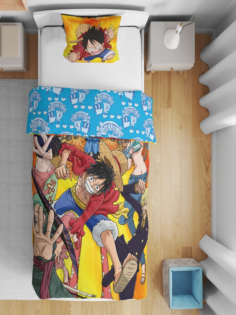 One Piece, Parure de Lit Enfant Imprimée Réversible, LUFFY ET CREW Bleu - Kiabi