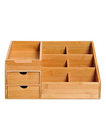 Organiseur de bureau - 7 compartiments, 2 tiroirs - bambou verni