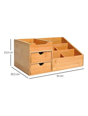 Organiseur de bureau - 7 compartiments, 2 tiroirs - bambou verni