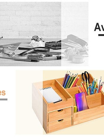 Organiseur de bureau - 7 compartiments, 2 tiroirs - bambou verni