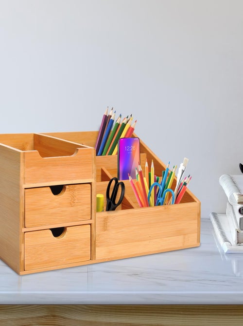 Organiseur de bureau - 7 compartiments, 2 tiroirs - bambou verni - Kiabi