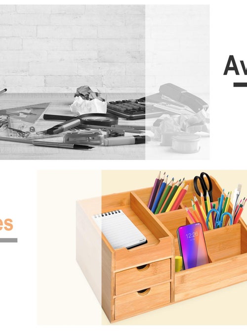 Organiseur de bureau - 7 compartiments, 2 tiroirs - bambou verni - Kiabi