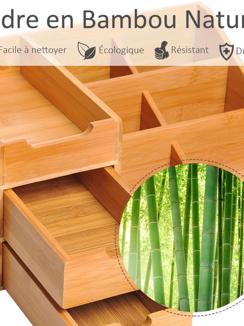 Organiseur de bureau - 7 compartiments, 2 tiroirs - bambou verni - Kiabi