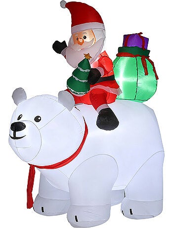 Ours polaire gonflable led de noël h.2m avec père noël et hotte