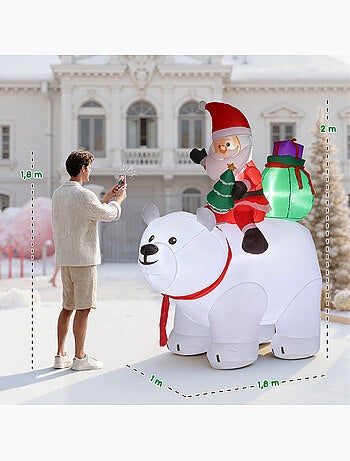 Ours polaire gonflable led de noël h.2m avec père noël et hotte