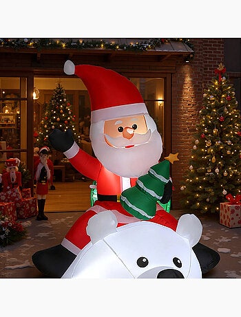 Ours polaire gonflable led de noël h.2m avec père noël et hotte