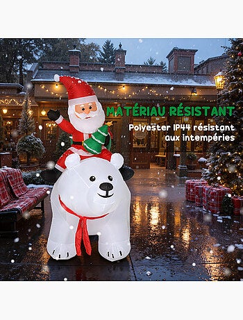 Ours polaire gonflable led de noël h.2m avec père noël et hotte