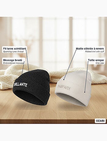 Ozabi bonnets femme fil lurex pailleté message brodé - pack de 2 (lot)