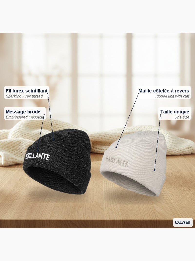 Ozabi bonnets femme fil lurex pailleté message brodé - pack de 2 (lot) Beige/Noir - Kiabi