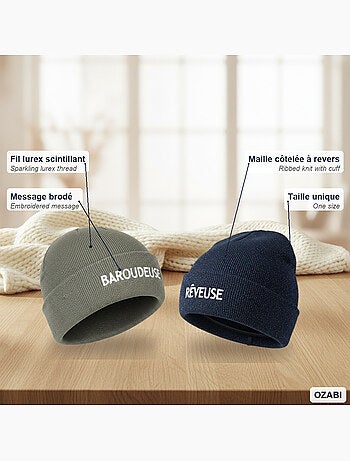 Ozabi bonnets femme fil lurex pailleté message brodé - pack de 2 (lot)