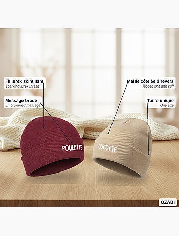 Ozabi bonnets femme fil lurex pailleté message brodé - pack de 2 (lot)
