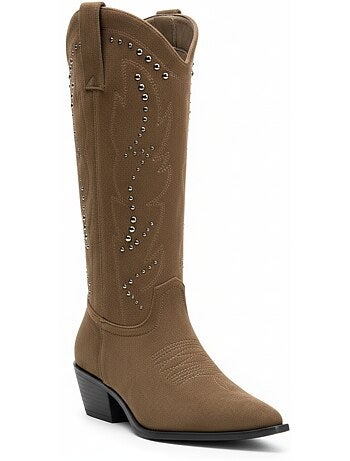 Ozabi bottes santiag femme haute tige suédine cloutée talon bloc 4 cm