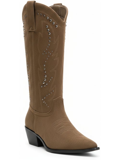 Ozabi bottes santiag femme haute tige suédine cloutée talon bloc 4 cm - Kiabi Ozabi bottes santiag femme haute tige suédine cloutée talon bloc 4 cm - Kiabi