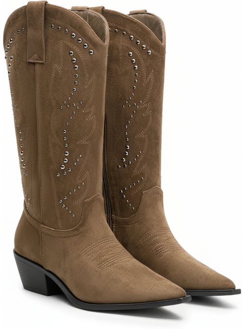 Ozabi bottes santiag femme haute tige suédine cloutée talon bloc 4 cm - Kiabi Ozabi bottes santiag femme haute tige suédine cloutée talon bloc 4 cm - Kiabi