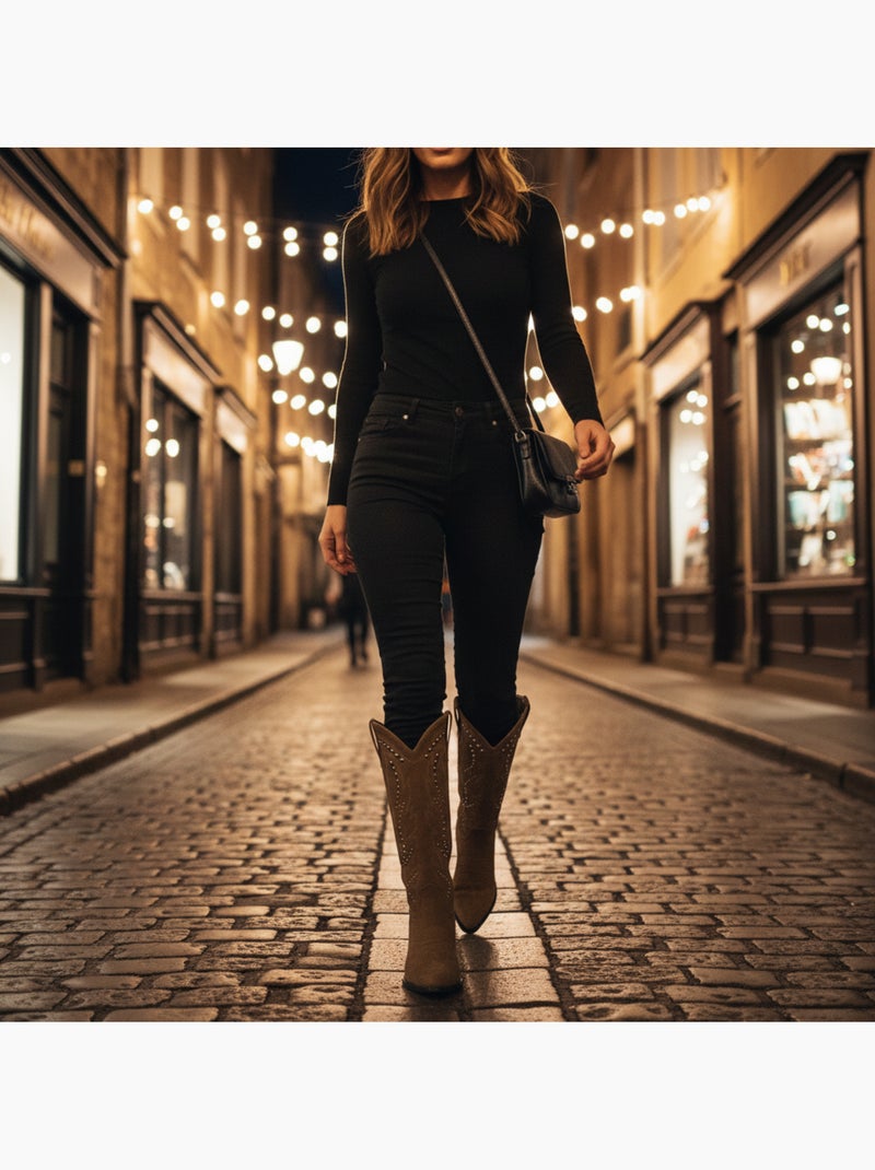 Ozabi bottes santiag femme haute tige suédine cloutée talon bloc 4 cm Marron caramel - Kiabi