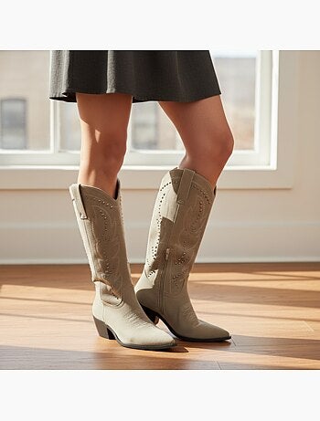 Ozabi bottes santiag femme haute tige suédine cloutée talon bloc 4 cm
