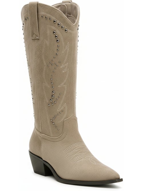 Ozabi bottes santiag femme haute tige suédine cloutée talon bloc 4 cm - Kiabi