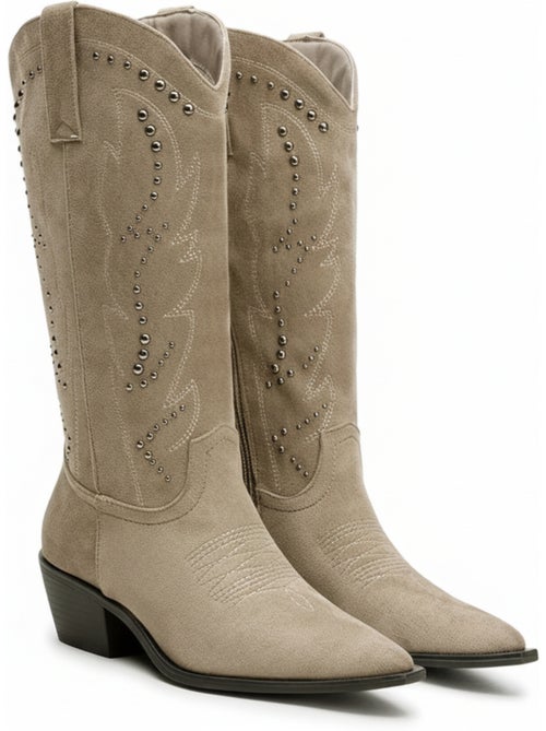 Ozabi bottes santiag femme haute tige suédine cloutée talon bloc 4 cm - Kiabi