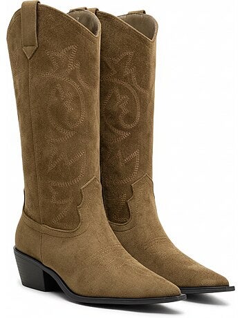 Ozabi bottes santiag femme haute tige suédine talon bloc 4 cm bout pointu
