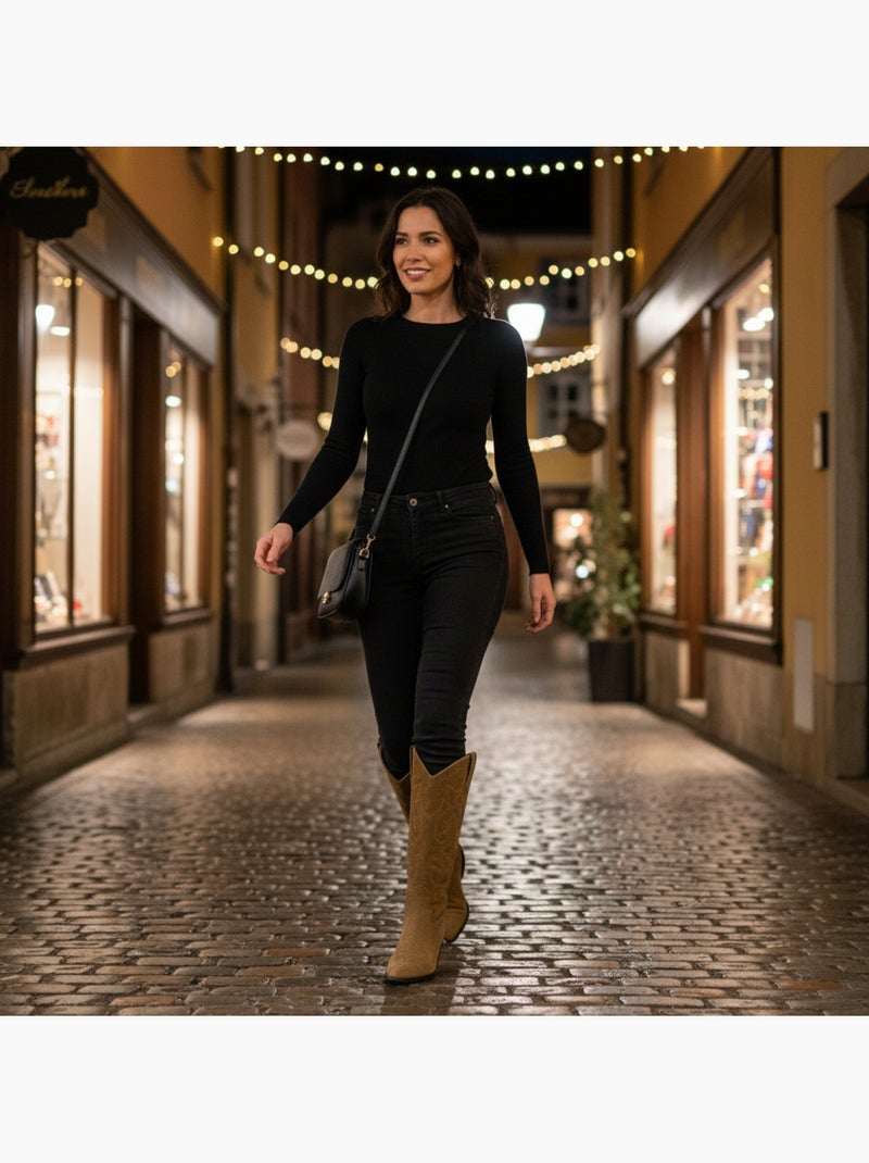 Ozabi bottes santiag femme haute tige suédine talon bloc 4 cm bout pointu Marron caramel - Kiabi