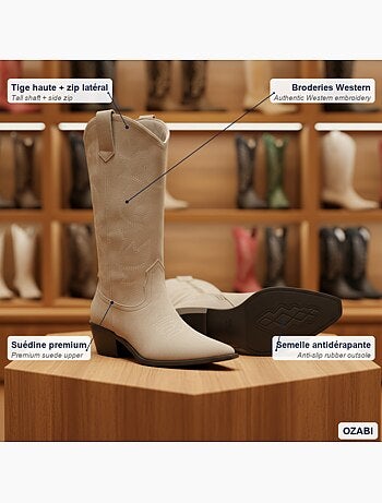 Ozabi bottes santiag femme haute tige suédine talon bloc 4 cm bout pointu