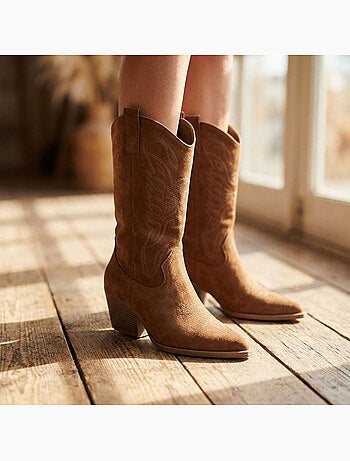 OZABI Bottes Santiag Femme Haute Tige Suédine Talon Bloc 6 cm Bout Pointu