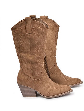 OZABI Bottes Santiag Femme Haute Tige Suédine Talon Bloc 6 cm Bout Pointu