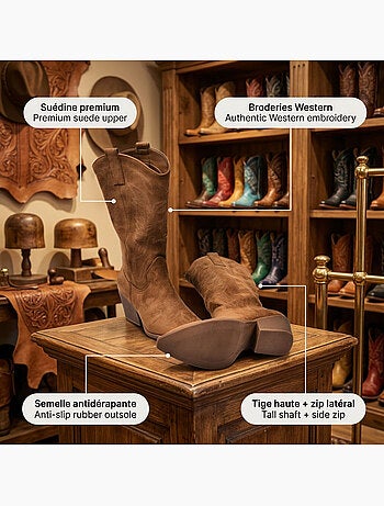 OZABI Bottes Santiag Femme Haute Tige Suédine Talon Bloc 6 cm Bout Pointu