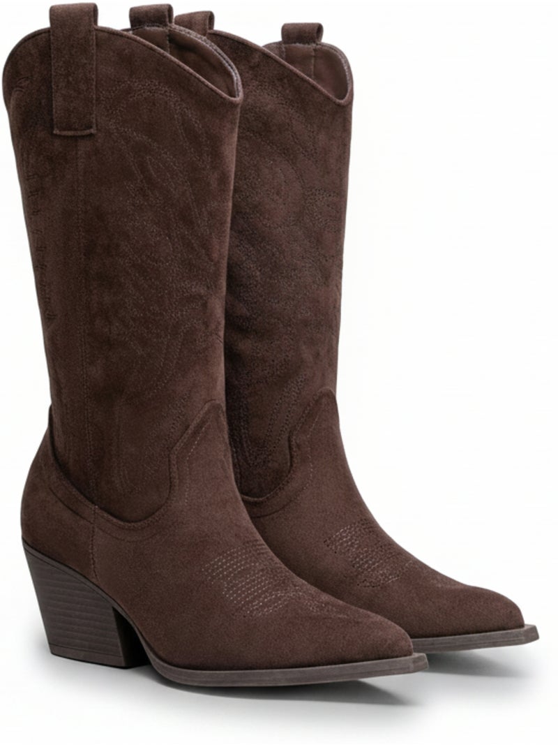 Ozabi bottes santiag femme haute tige suédine talon bloc 6 cm bout pointu Marron - Kiabi