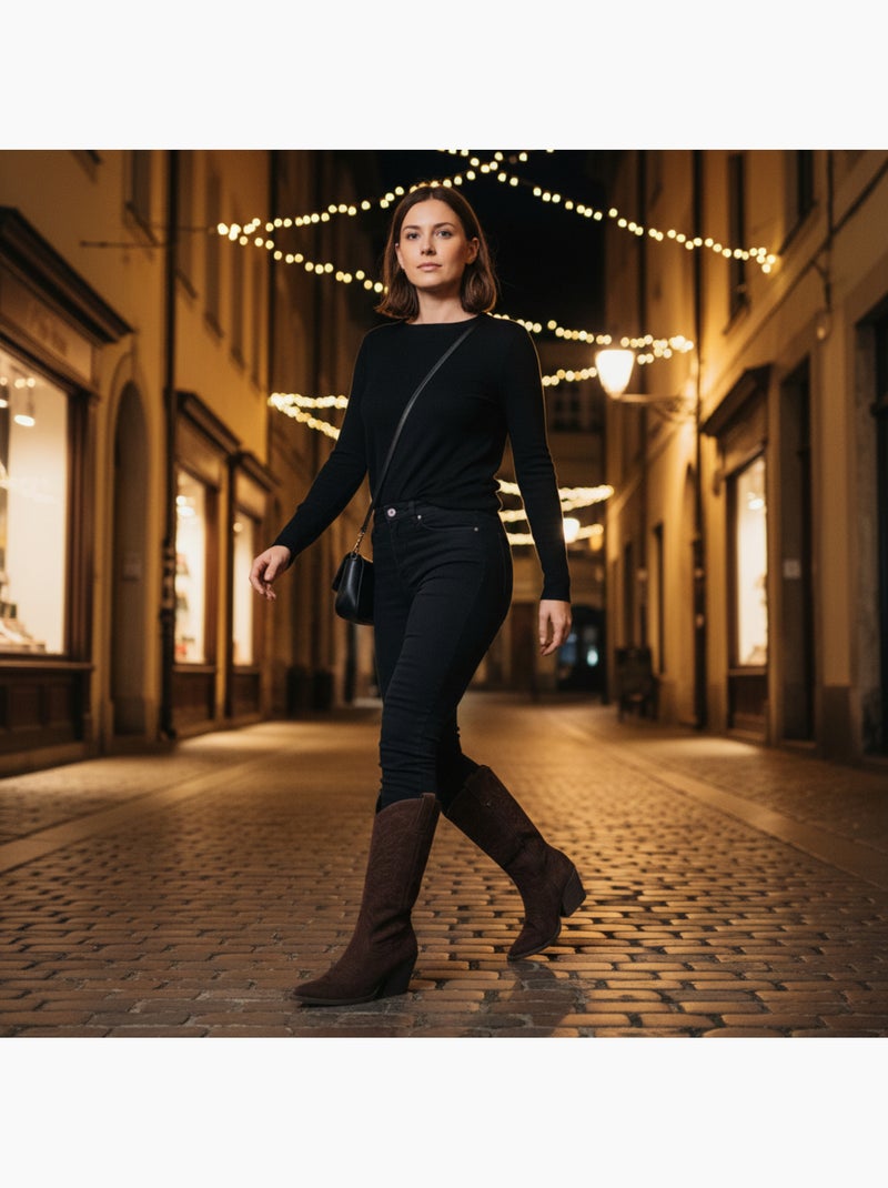 Ozabi bottes santiag femme haute tige suédine talon bloc 6 cm bout pointu Marron - Kiabi