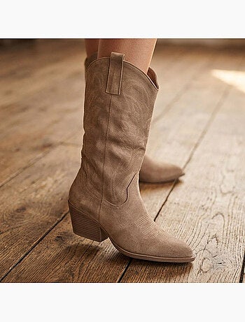 OZABI Bottes Santiag Femme Haute Tige Suédine Talon Bloc 6 cm Bout Pointu