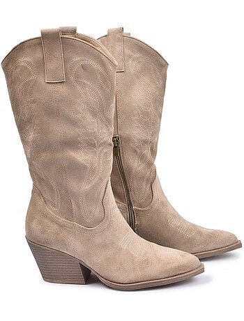 OZABI Bottes Santiag Femme Haute Tige Suédine Talon Bloc 6 cm Bout Pointu