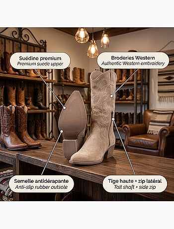 OZABI Bottes Santiag Femme Haute Tige Suédine Talon Bloc 6 cm Bout Pointu