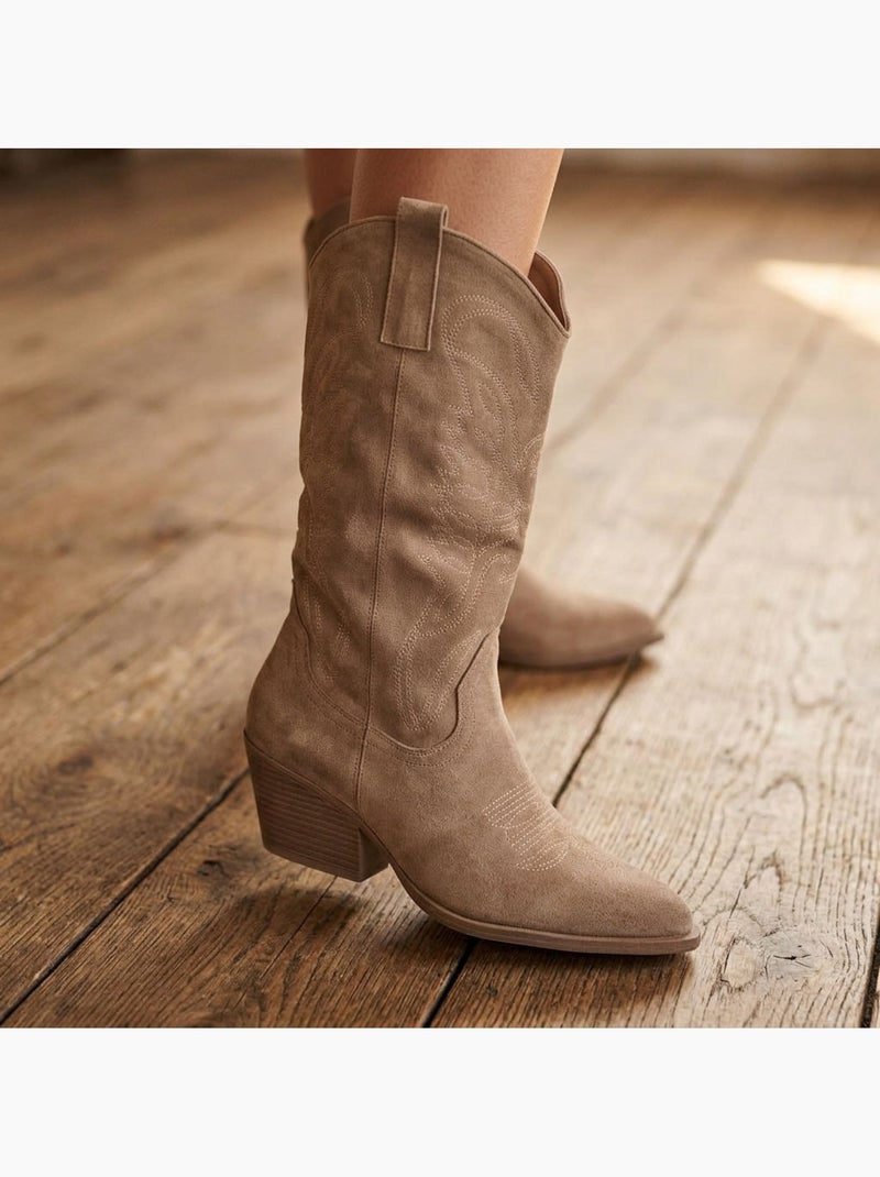 OZABI Bottes Santiag Femme Haute Tige Suédine Talon Bloc 6 cm Bout Pointu Taupe - Kiabi