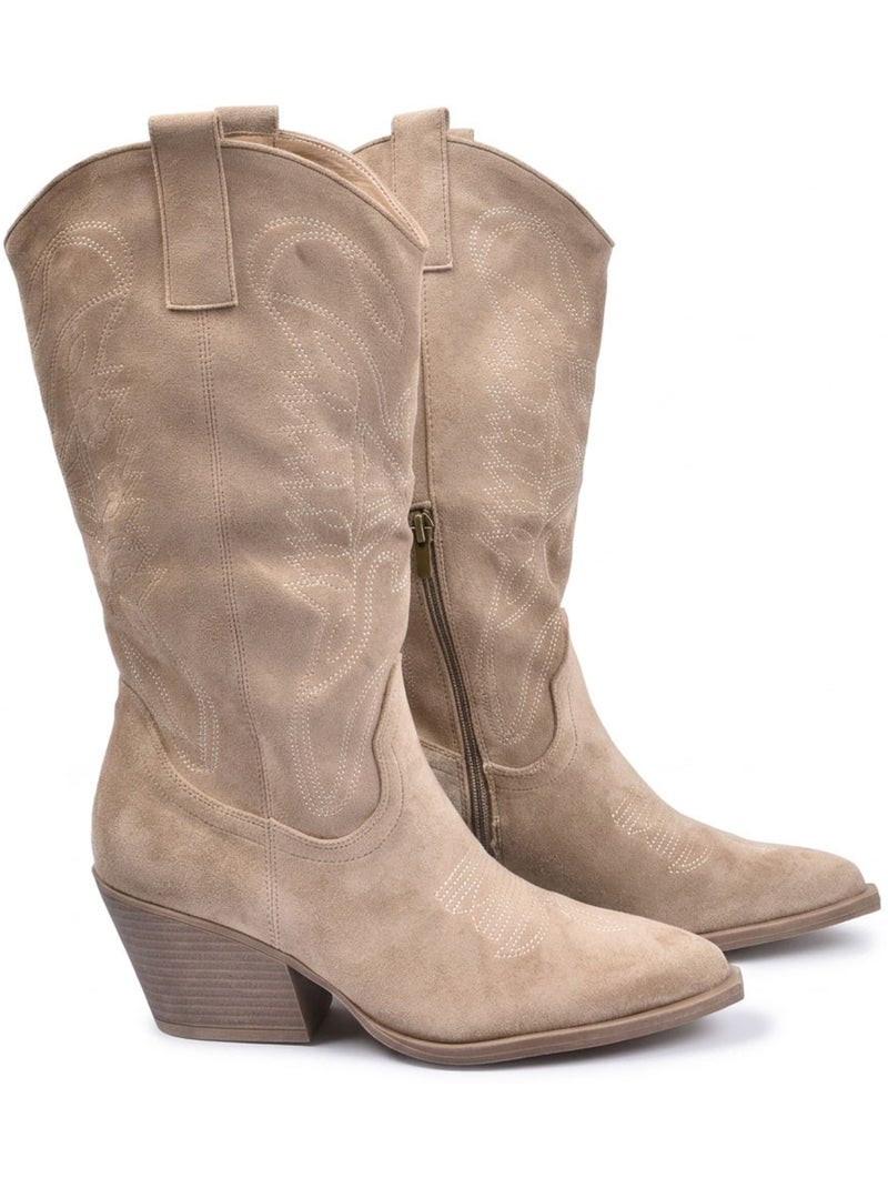 OZABI Bottes Santiag Femme Haute Tige Suédine Talon Bloc 6 cm Bout Pointu Taupe - Kiabi