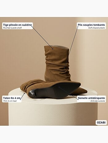 Ozabi bottines femme suédine plissée talon fin 4 cm bout pointu