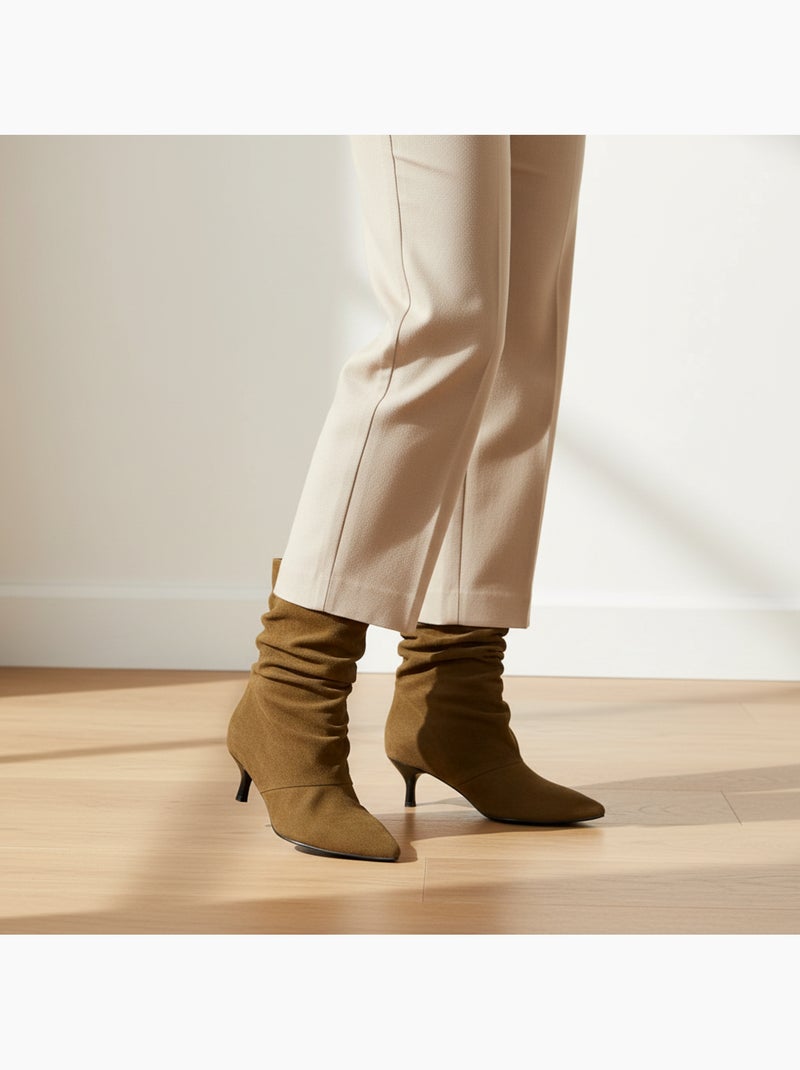 Ozabi bottines femme suédine plissée talon fin 4 cm bout pointu Cognac - Kiabi