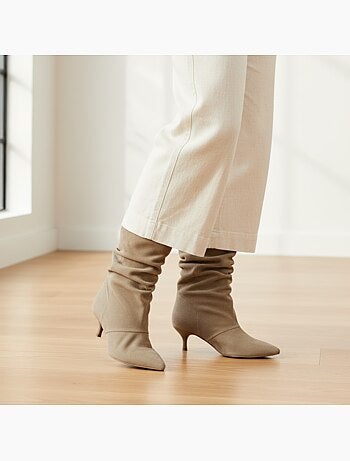 Ozabi bottines femme suédine plissée talon fin 4 cm bout pointu
