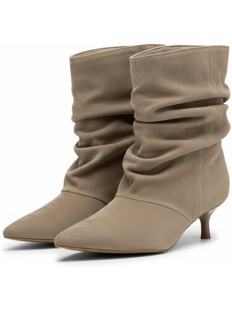 Ozabi bottines femme suédine plissée talon fin 4 cm bout pointu Taupe - Kiabi