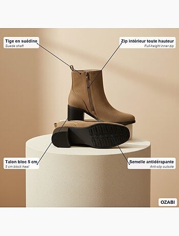Ozabi bottines femme suédine zippée talon bloc 5 cm bout arrondi