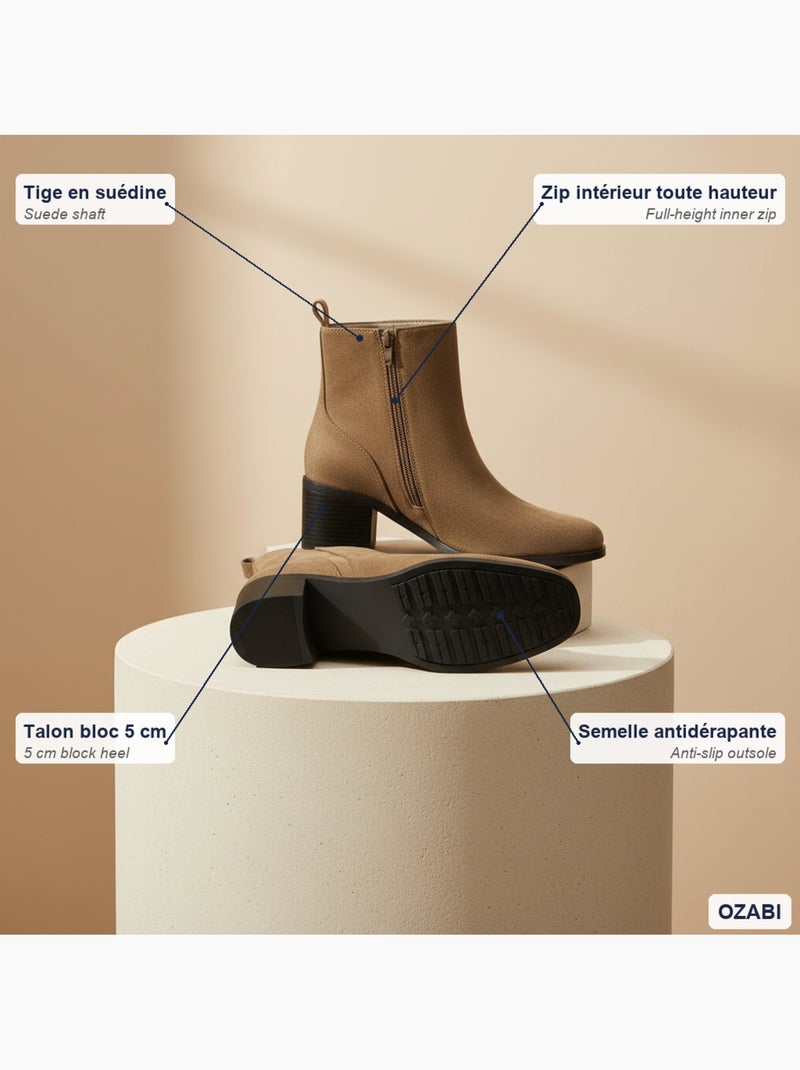 Ozabi bottines femme suédine zippée talon bloc 5 cm bout arrondi Marron caramel - Kiabi