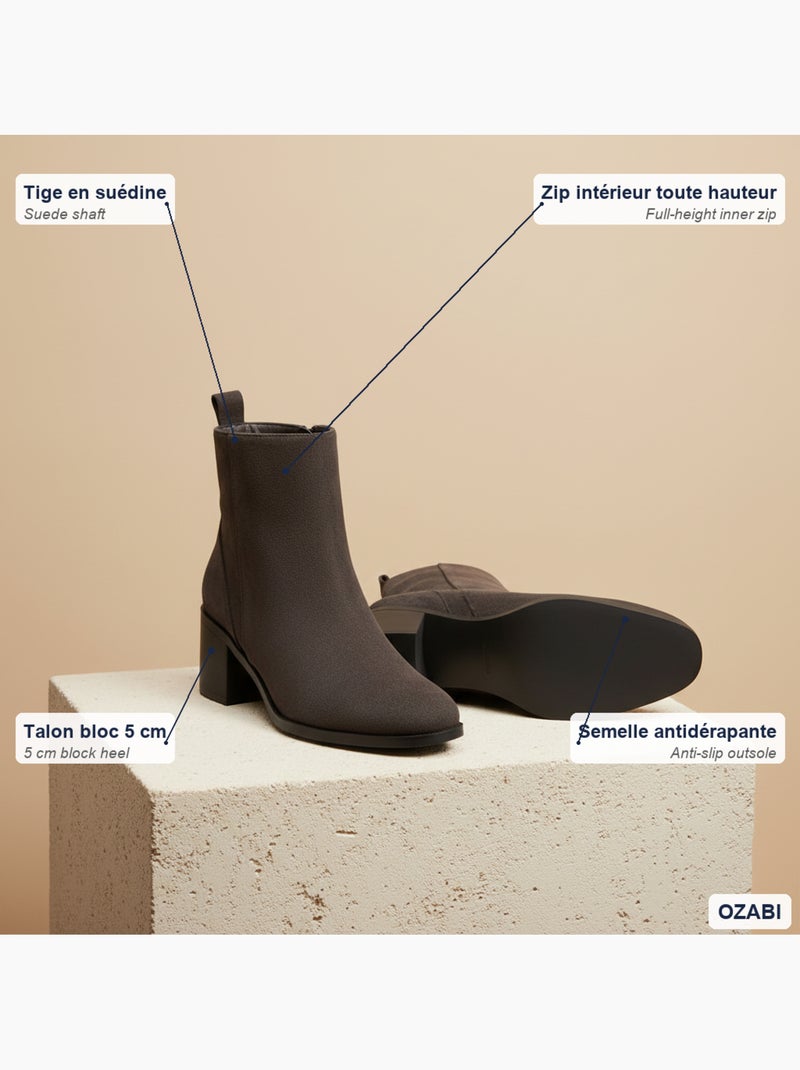 Ozabi bottines femme suédine zippée talon bloc 5 cm bout arrondi Marron - Kiabi