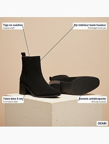 Ozabi bottines femme suédine zippée talon bloc 5 cm bout arrondi