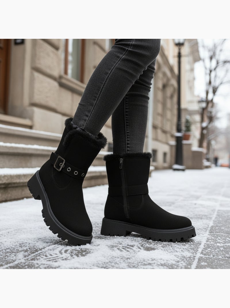 Ozabi bottines fourrées femme suédine zip et sangle semelle crantée Noir - Kiabi